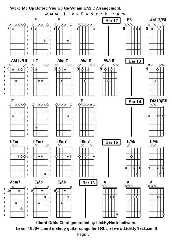 Chord Grids Chart of chord melody fingerstyle guitar song-Wake Me Up Before You Go Go-Wham-BASIC Arrangement,generated by LickByNeck software.